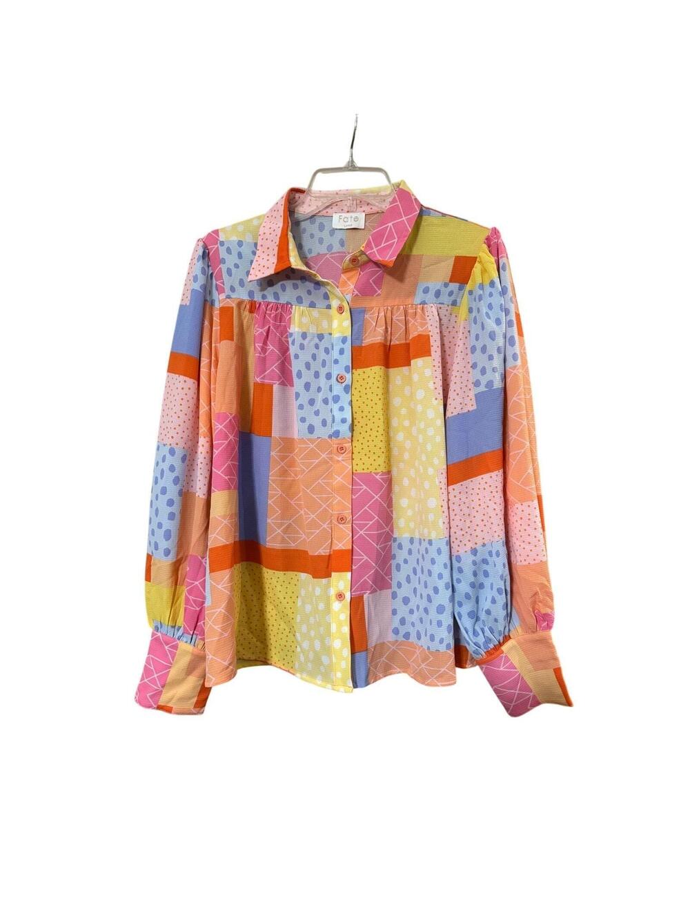 R216 Boutique Fate Brand Large Pastels Patchwork Print 23" PTP Blouse R0000216